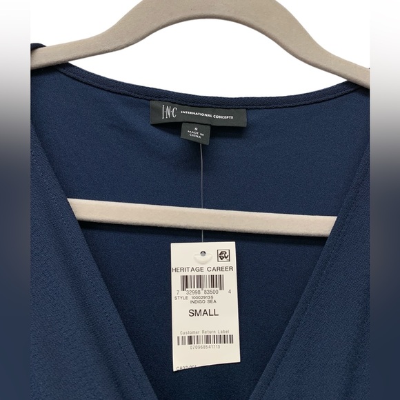 New! INC International Concepts v-neck faux wrap dress, cap-sleeve, blue, small - Picture 4 of 6